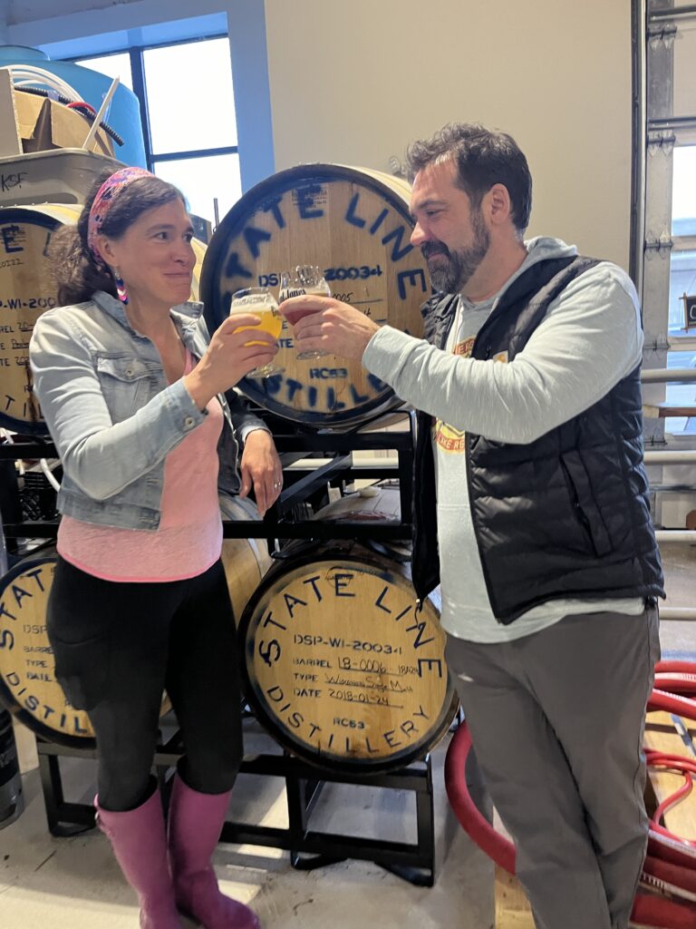 Jessica Jones, founder/brewer at Giant Jones Brewing, and John Mleziva, founder/distiller at State Line Distillery (Photo Courtesy of Giant Jones Brewery)