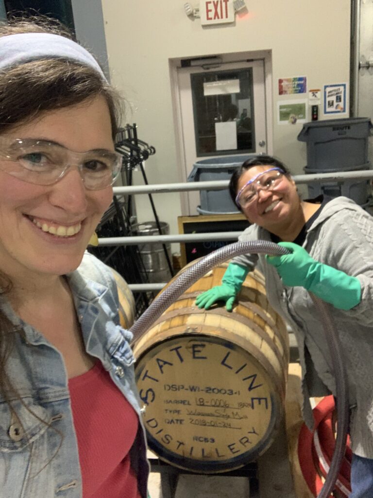 Jessica Jones and Mari Zoran during the barrel beer transfer (Photo Courtesy of Giant Jones Brewing)